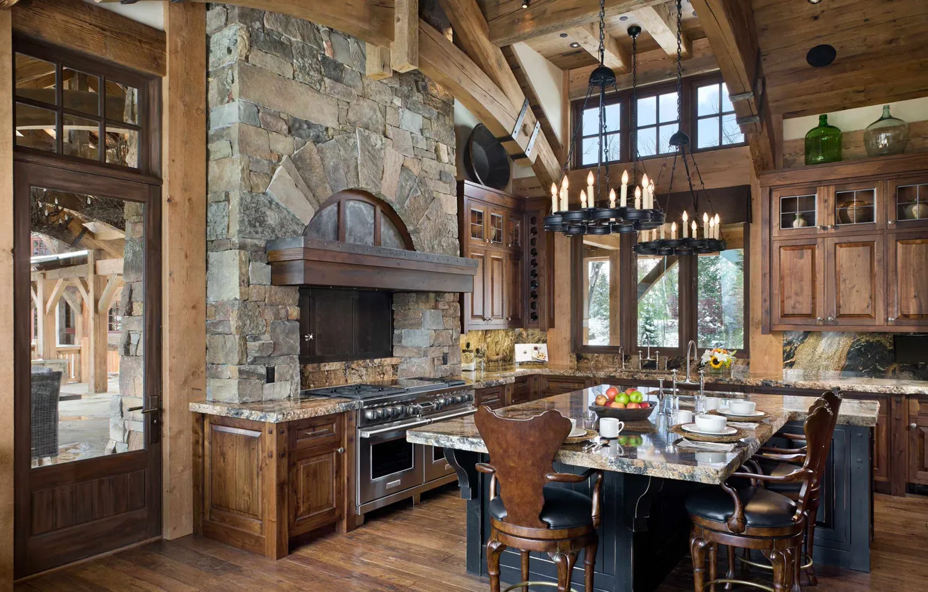Photo wallpaper metal, stone, wood, home, Montana, kitchen, Big Sky