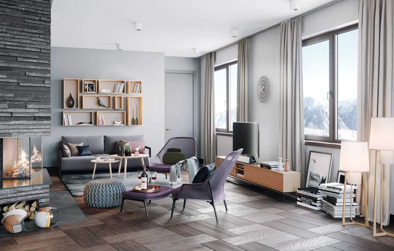 Photo wallpaper interior, fireplace, Switzerland, living room, Living room, house Alpenrose