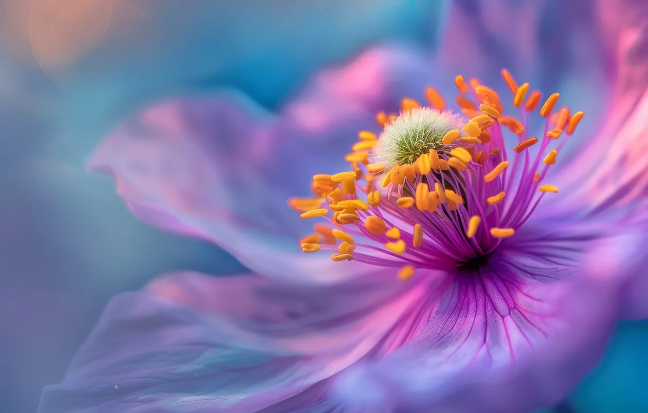 Photo wallpaper flower, macro, lilac, blur, yellow, petals, stamens, anemone