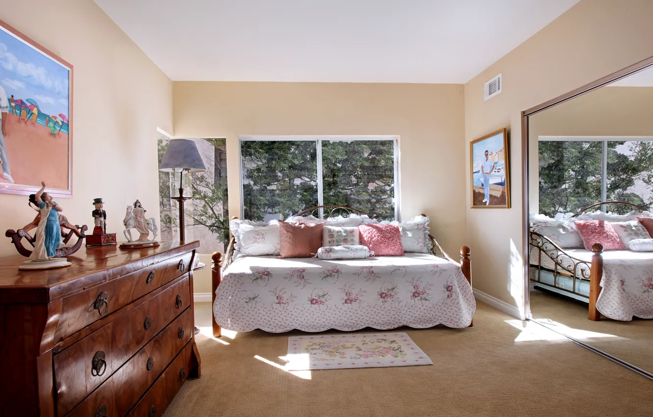 Photo wallpaper design, photo, bed, interior, mirror, bedroom