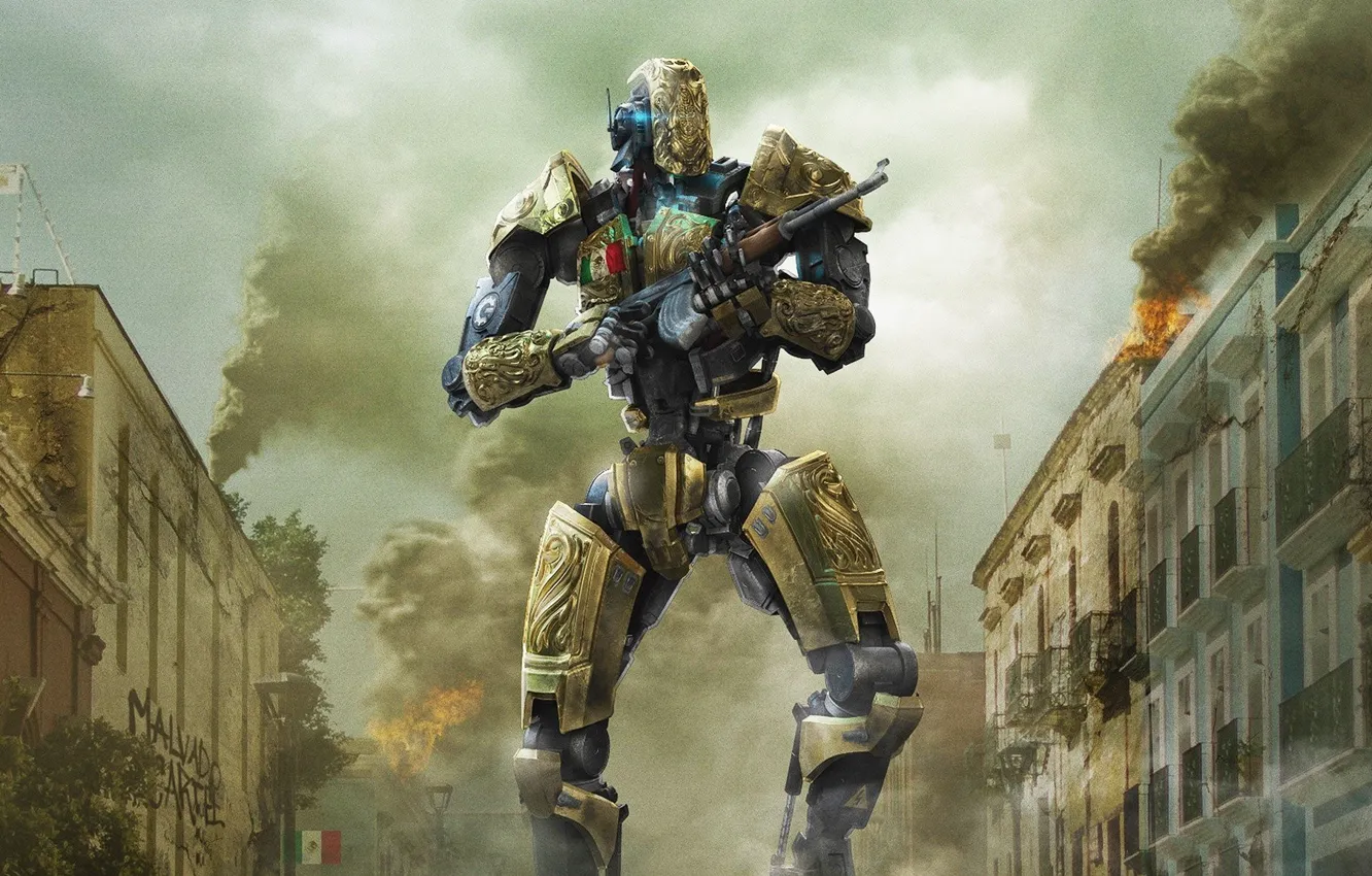 Photo wallpaper cinema, fire, battlefield, flame, gun, fantasy, graffiti, mecha