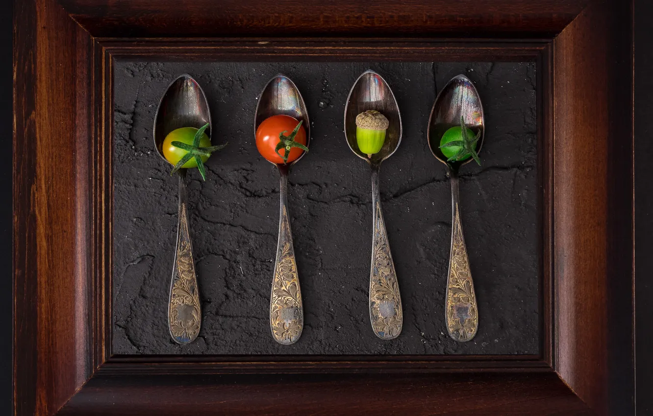 Photo wallpaper picture, frame, spoon, still life, tomatoes, acorns