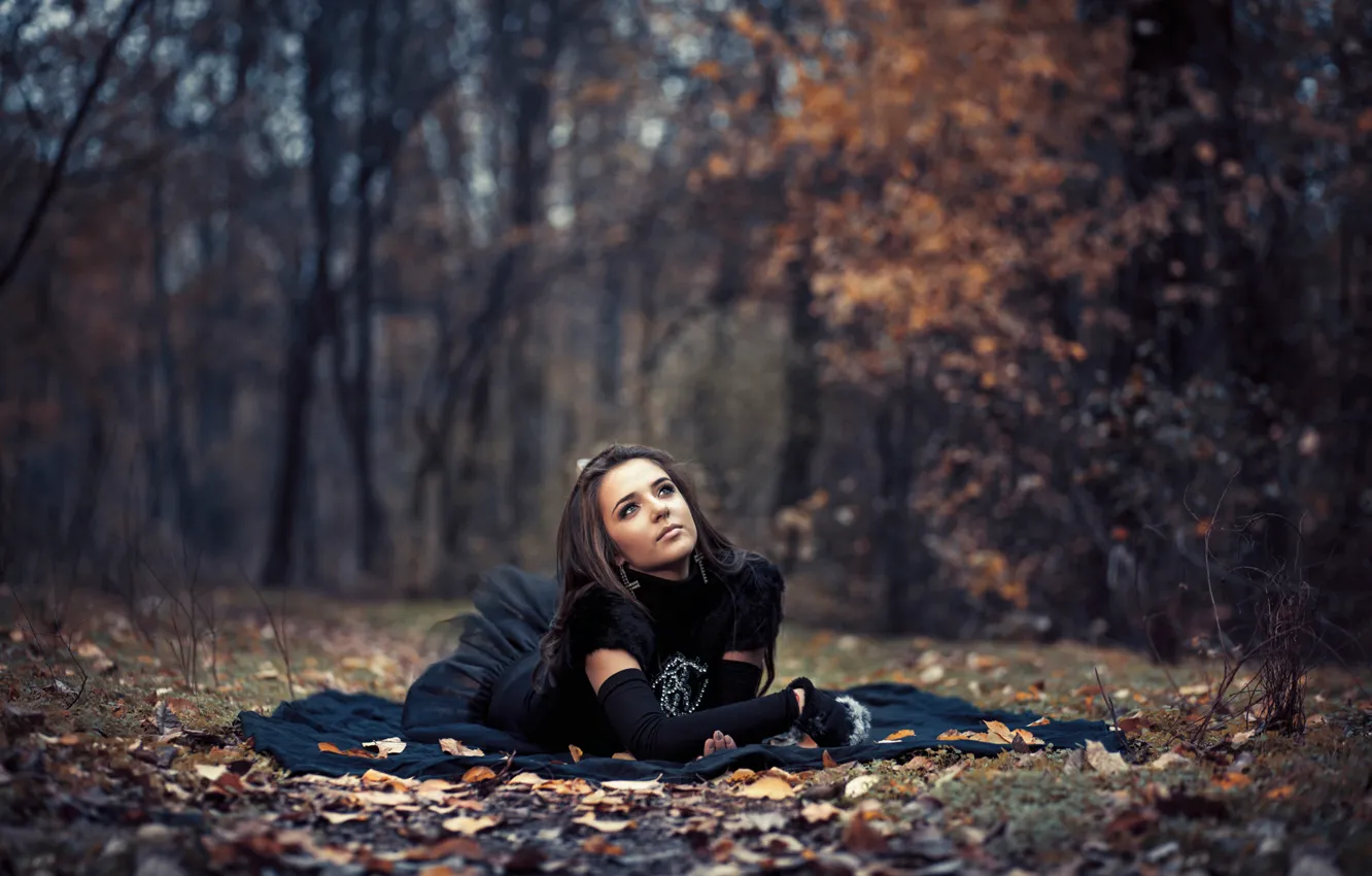 Photo wallpaper autumn, forest, leaves, girl, dress, bokeh