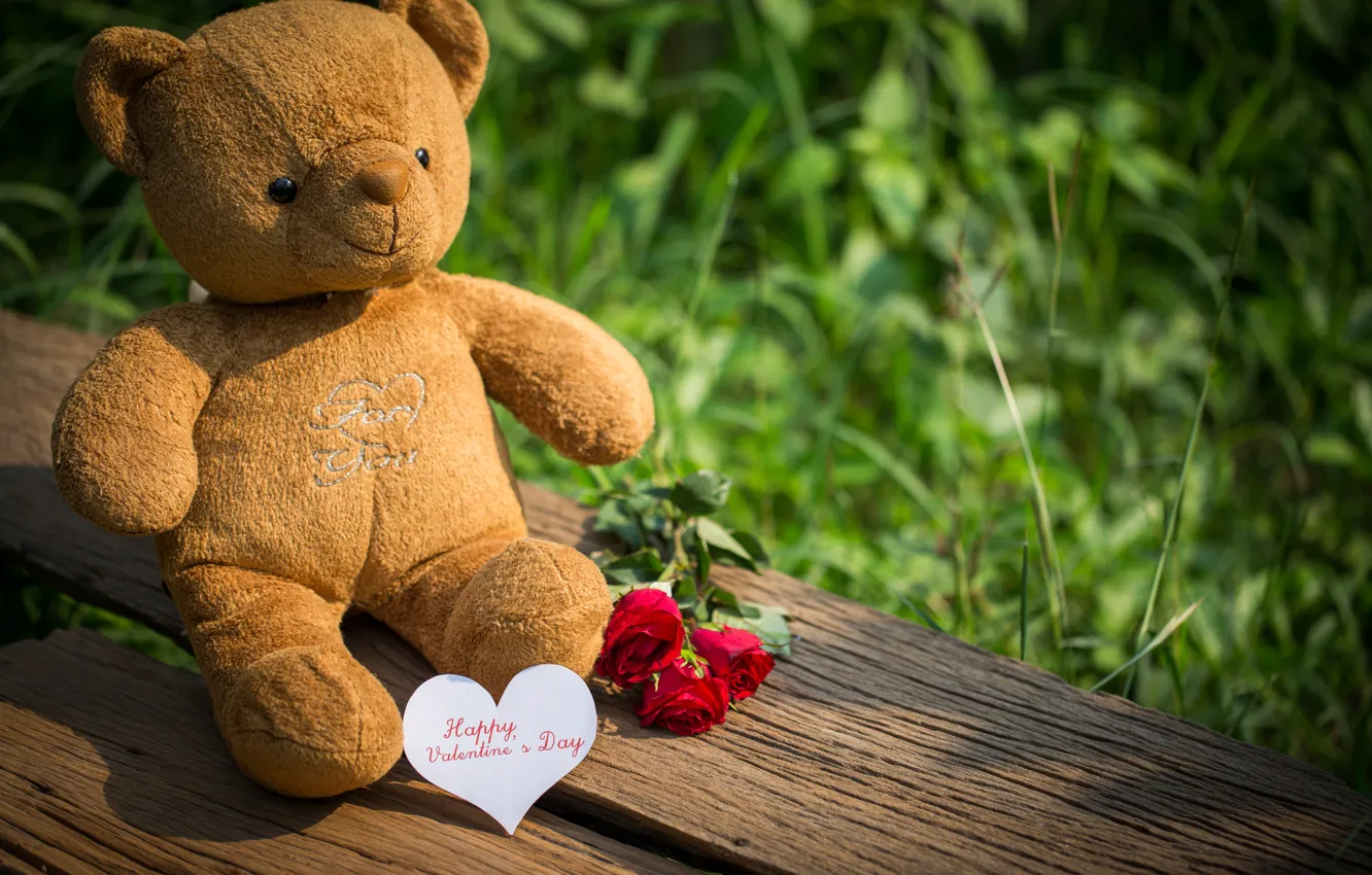 Photo wallpaper love, flowers, gift, toy, heart, roses, bear, red