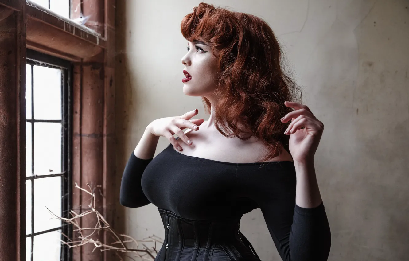 Photo wallpaper girl, window, Miss Deadly Red