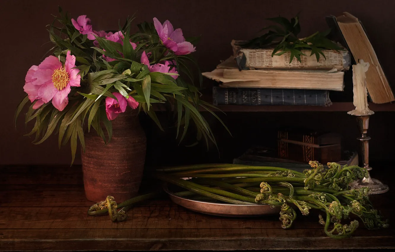 Photo wallpaper leaves, flowers, table, bouquet, candles, stem, book, pink