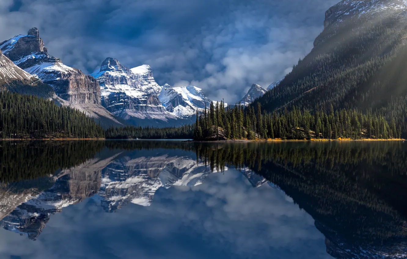 Photo wallpaper forest, the sky, the sun, mountains, lake, Canada, Perry Hoag