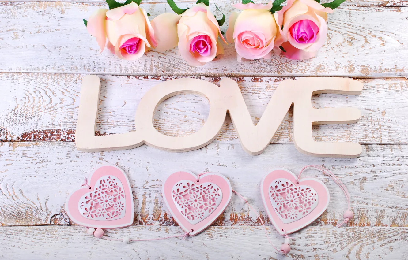 Photo wallpaper roses, hearts, love, heart, pink, flowers, romantic, petals