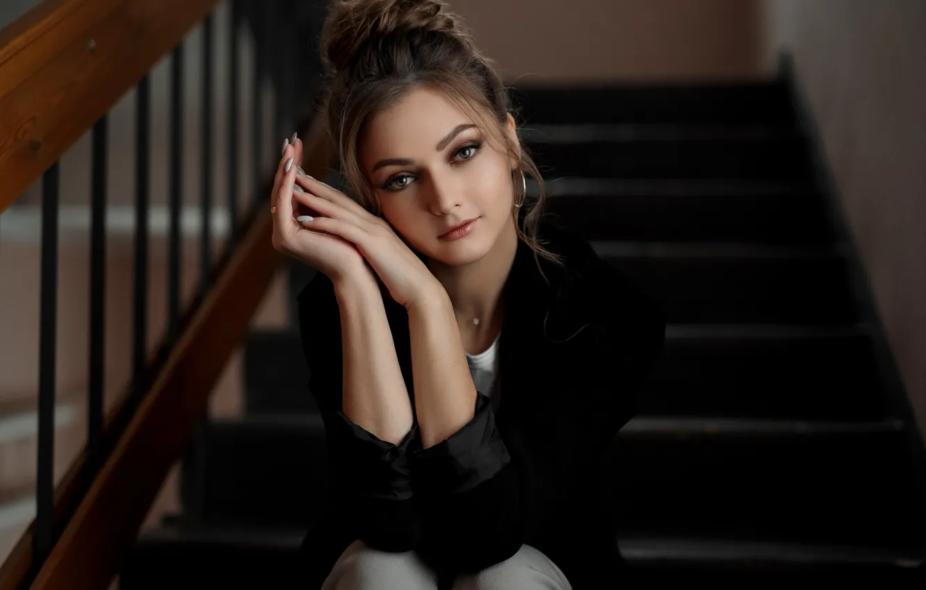 Photo wallpaper model, women, brunette, stairs, jacket, pants, black jacket, White T-Shirt