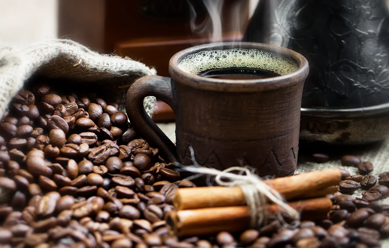 Photo wallpaper coffee, grain, Cup, haze, drink, cinnamon, pouch, the pots