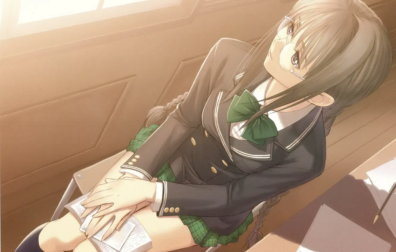 Photo wallpaper leaves, glasses, class, bow, school uniform, art, shining wind, Tony Taka