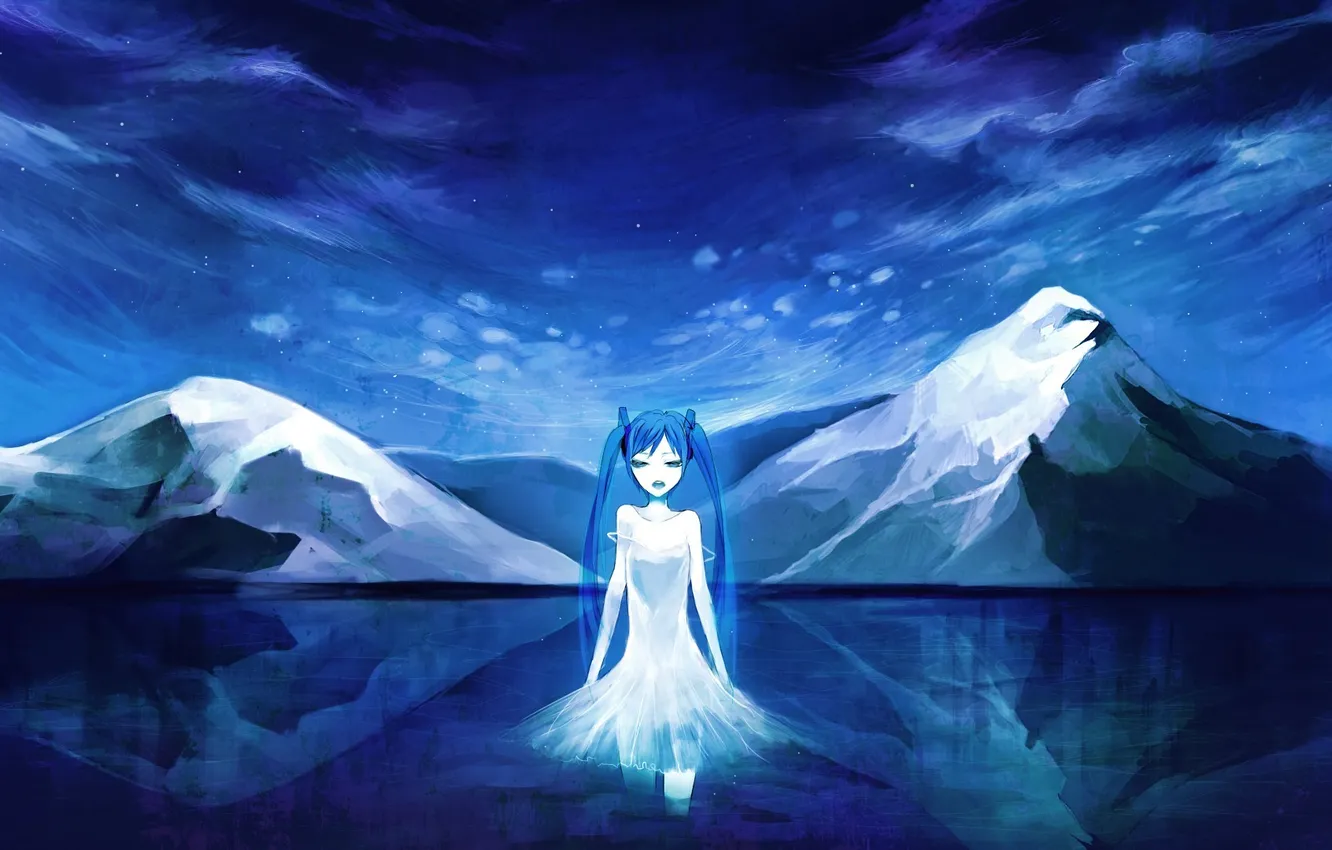 Photo wallpaper cold, water, girl, mountains, night, vocaloid, hatsune miku, Vocaloid