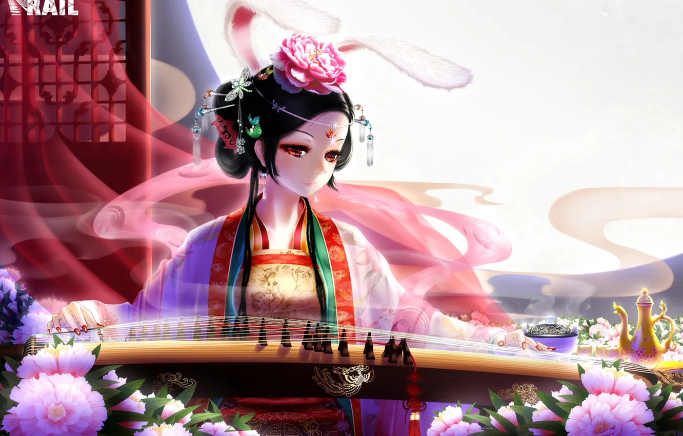 Photo wallpaper girl, flowers, kimono, ears, barrette, Koto