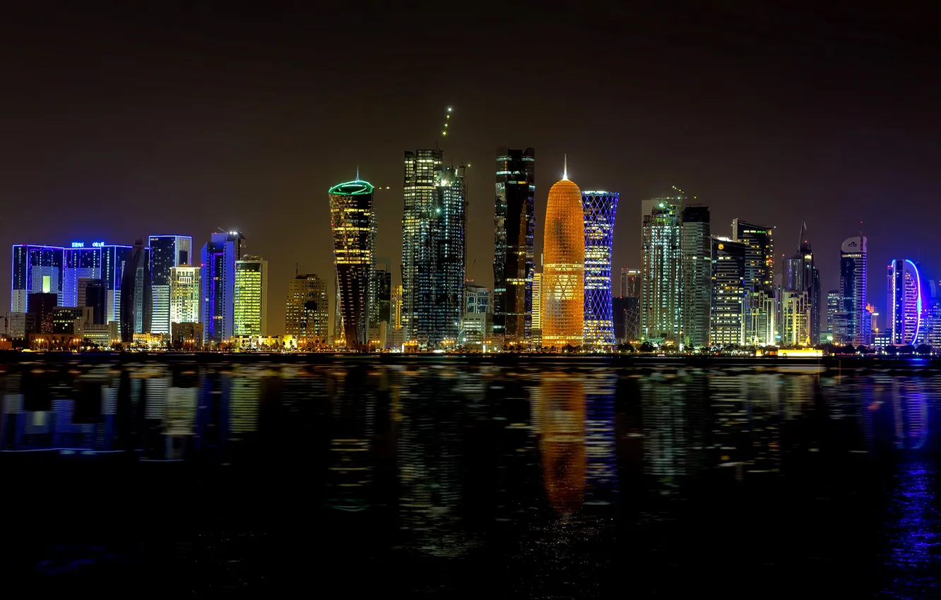 Photo wallpaper night, the city, lights, building, skyscrapers, backlight, Bay, Qatar