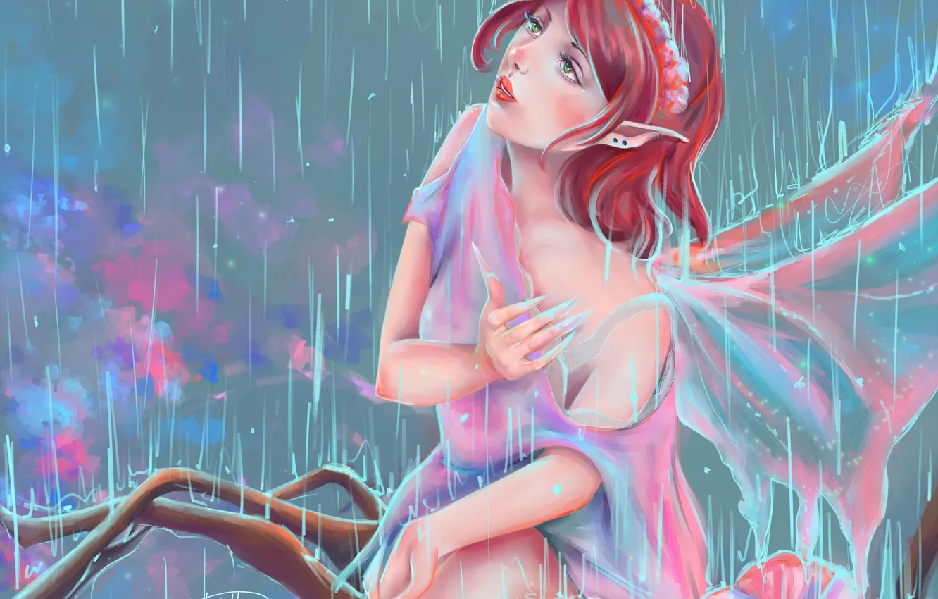 Photo wallpaper look, rain, wet, fairy, painting, wings, Gabrielle Ragusi