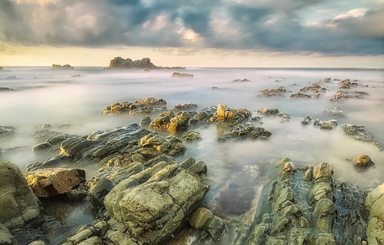 Photo wallpaper sea, the sky, clouds, stones, rocks