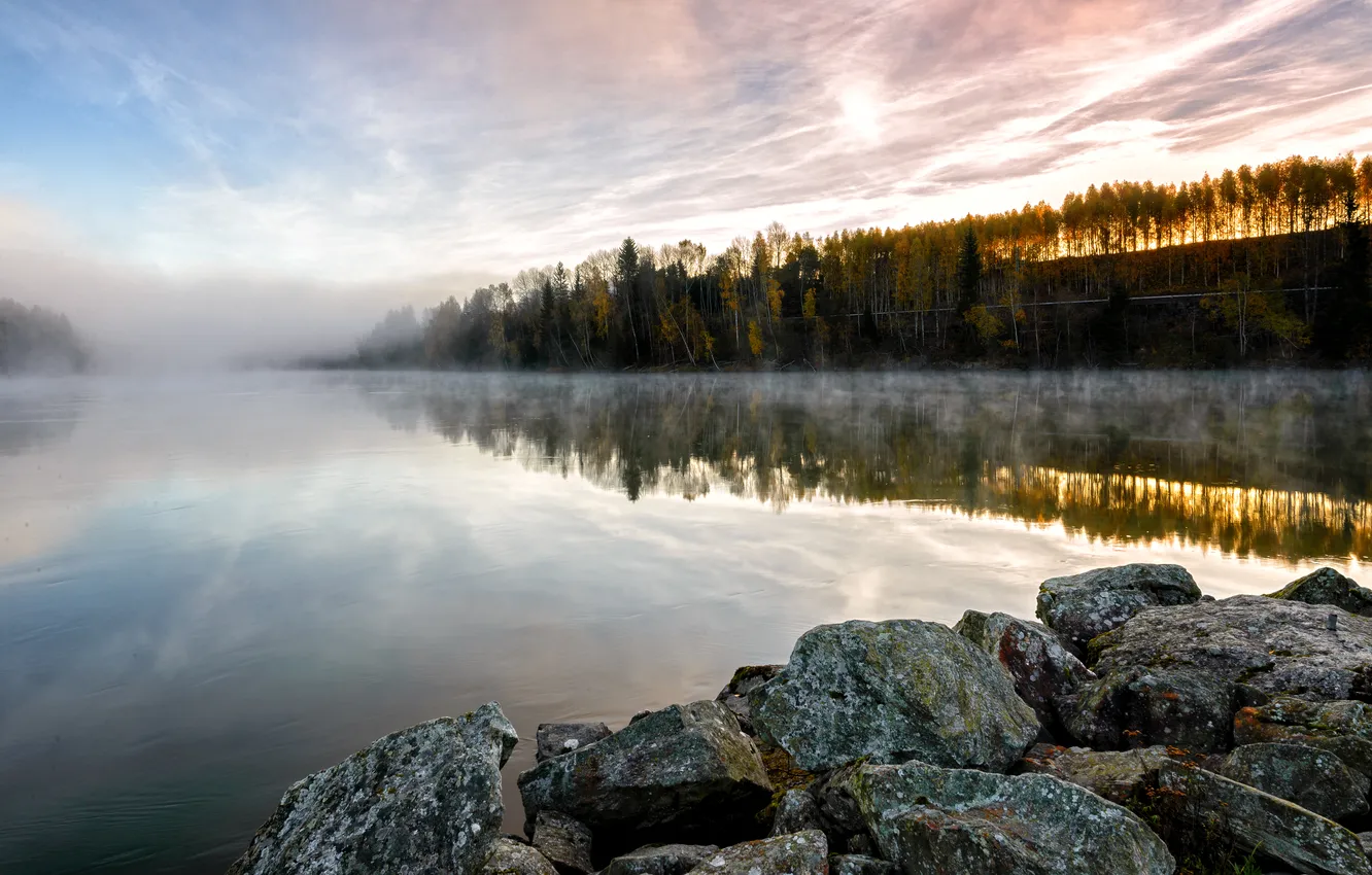 Photo wallpaper freshness, fog, lake, stones, shore, morning