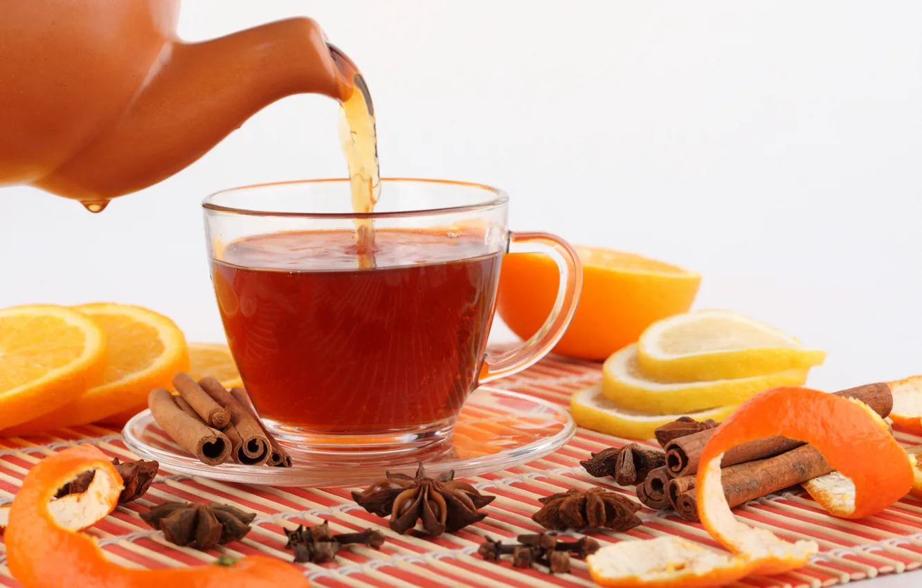 Photo wallpaper lemon, tea, orange, kettle, Cup, drink, fruit, cinnamon
