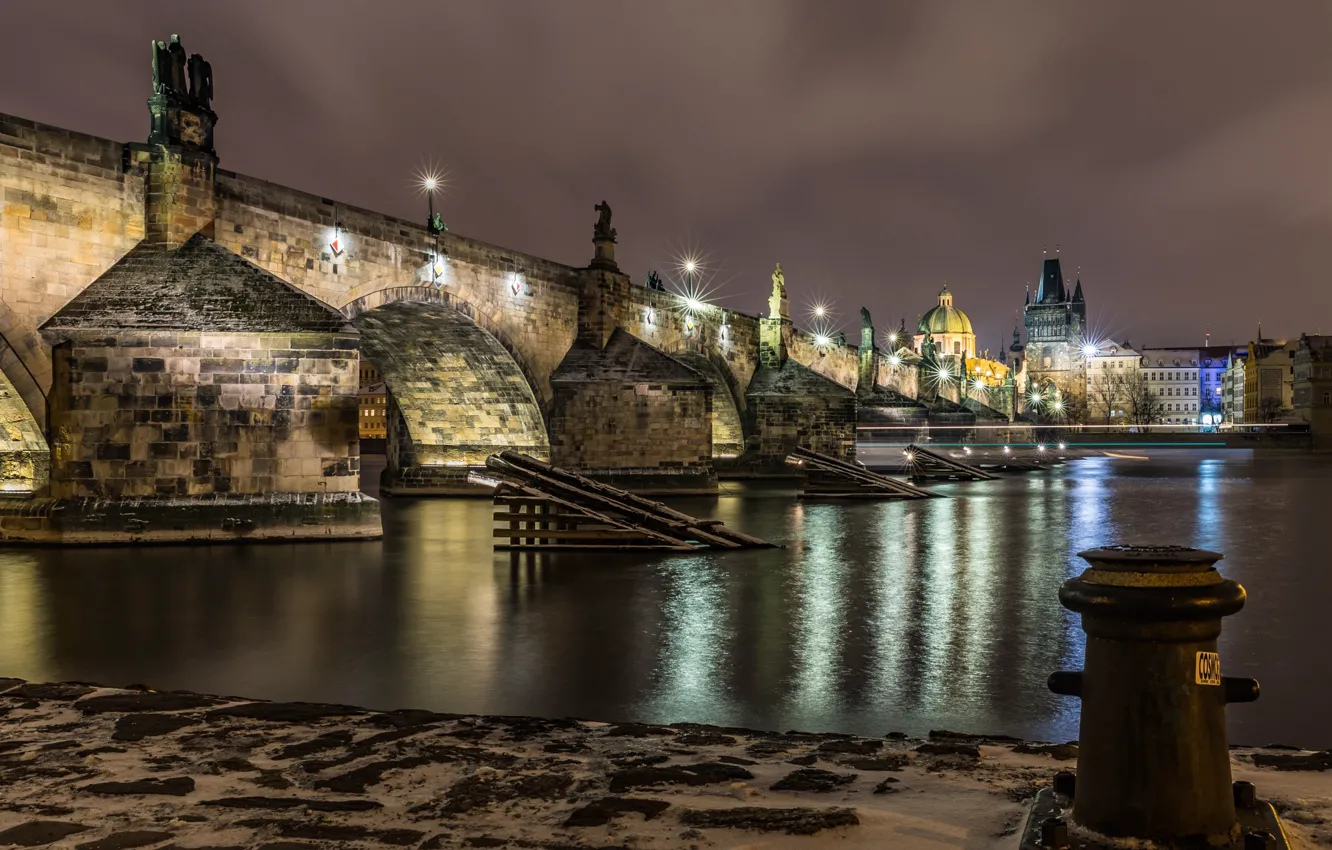 Photo wallpaper night, bridge, lights, river, home, Prague, Czech Republic, lights
