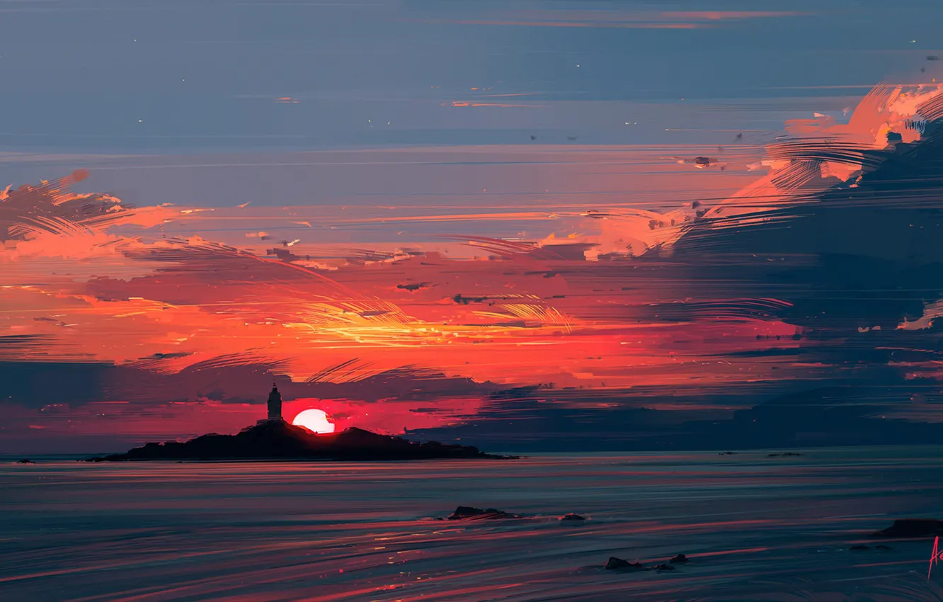 Photo wallpaper sea, the sun, sunset, lighthouse, Aenami, Alena Aenam The, Close to the Sun, Alyona Velichko