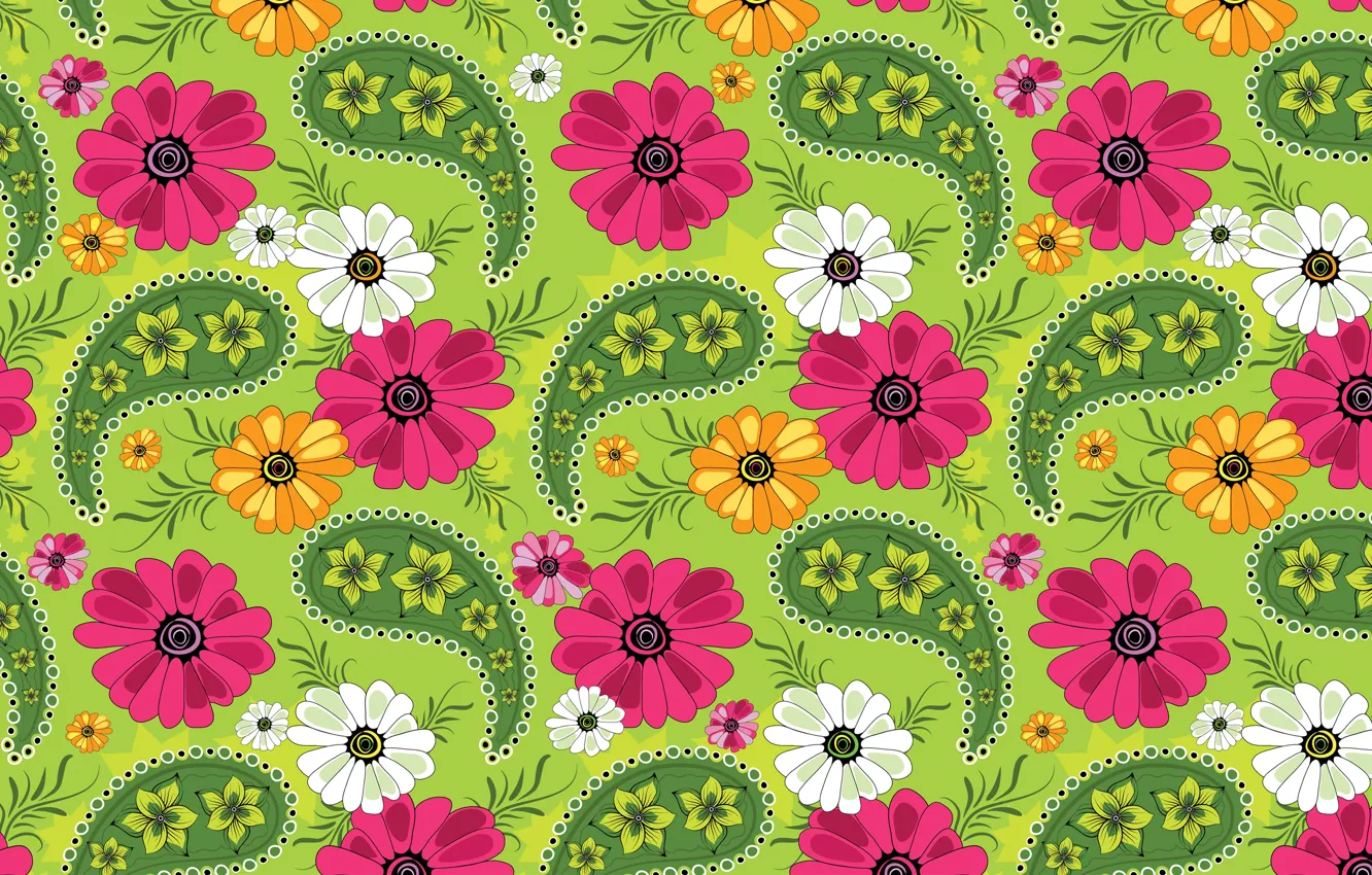 Photo wallpaper flowers, pattern, texture, petals, ornament, green background