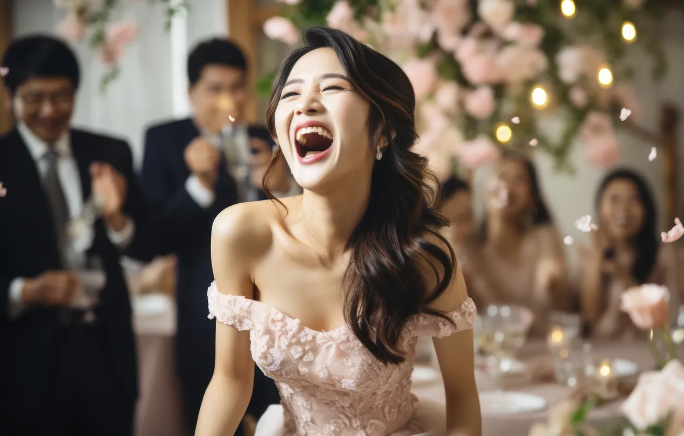 Photo wallpaper girl, joy, smile, table, people, the bride, wedding, digital art