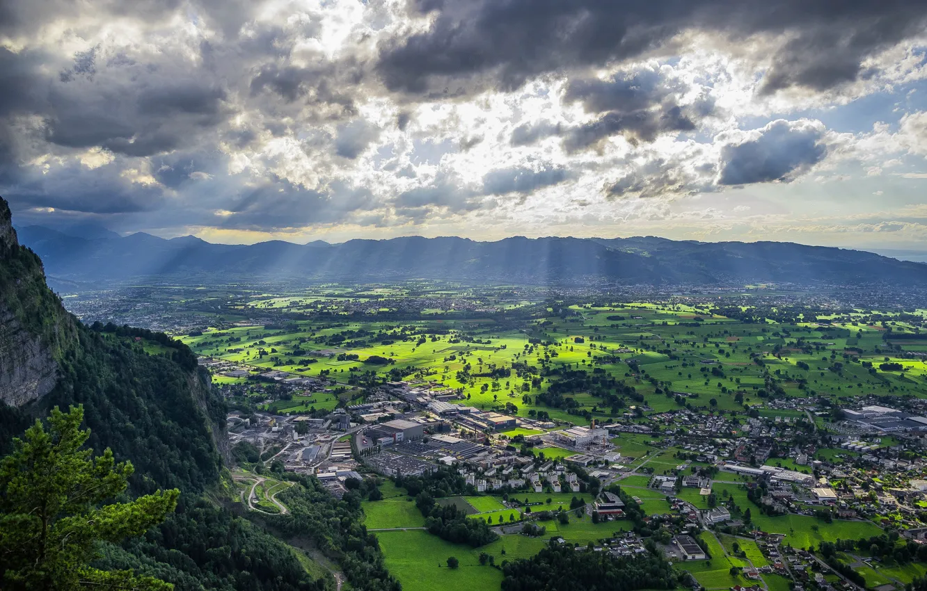 Photo wallpaper clouds, rays, mountains, home, Austria, valley, Dornbirn