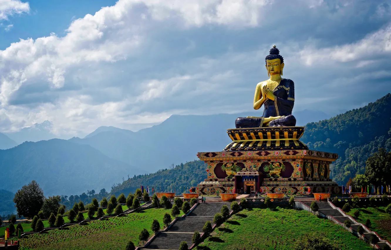 Photo wallpaper mountains, India, statue, Buddha