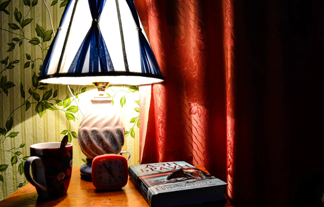 Photo wallpaper comfort, watch, lamp, coffee, book, Reading, night light, composition