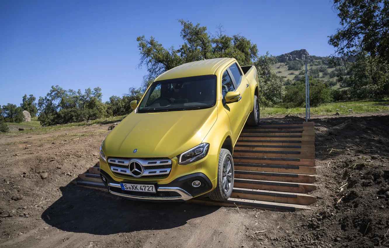 Photo wallpaper yellow, earth, the descent, Mercedes-Benz, ladder, pickup, 2017, X-Class