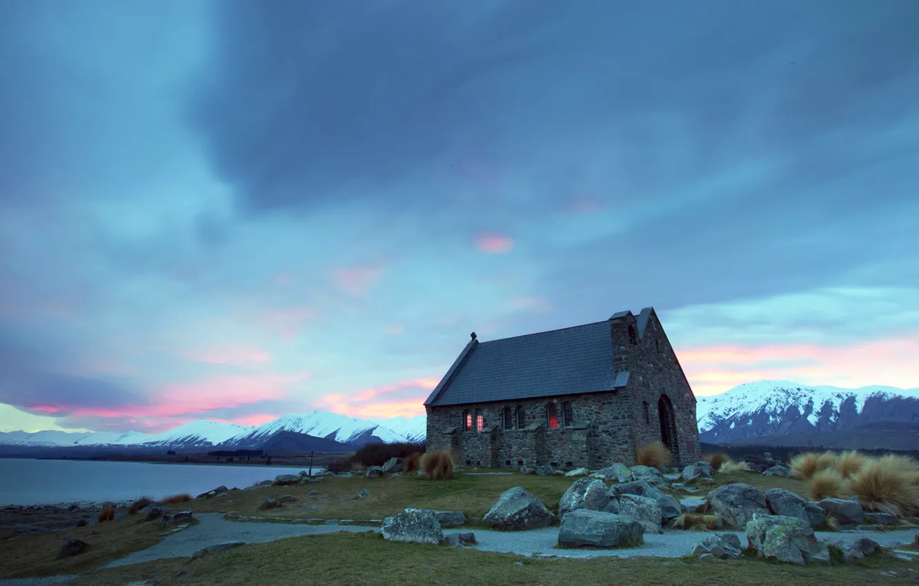 Photo wallpaper the sky, clouds, snow, mountains, lake, house, stones, Church