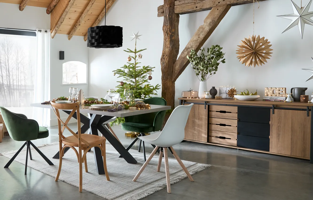 Photo wallpaper decoration, lights, room, holiday, gift, glass, tree, new year