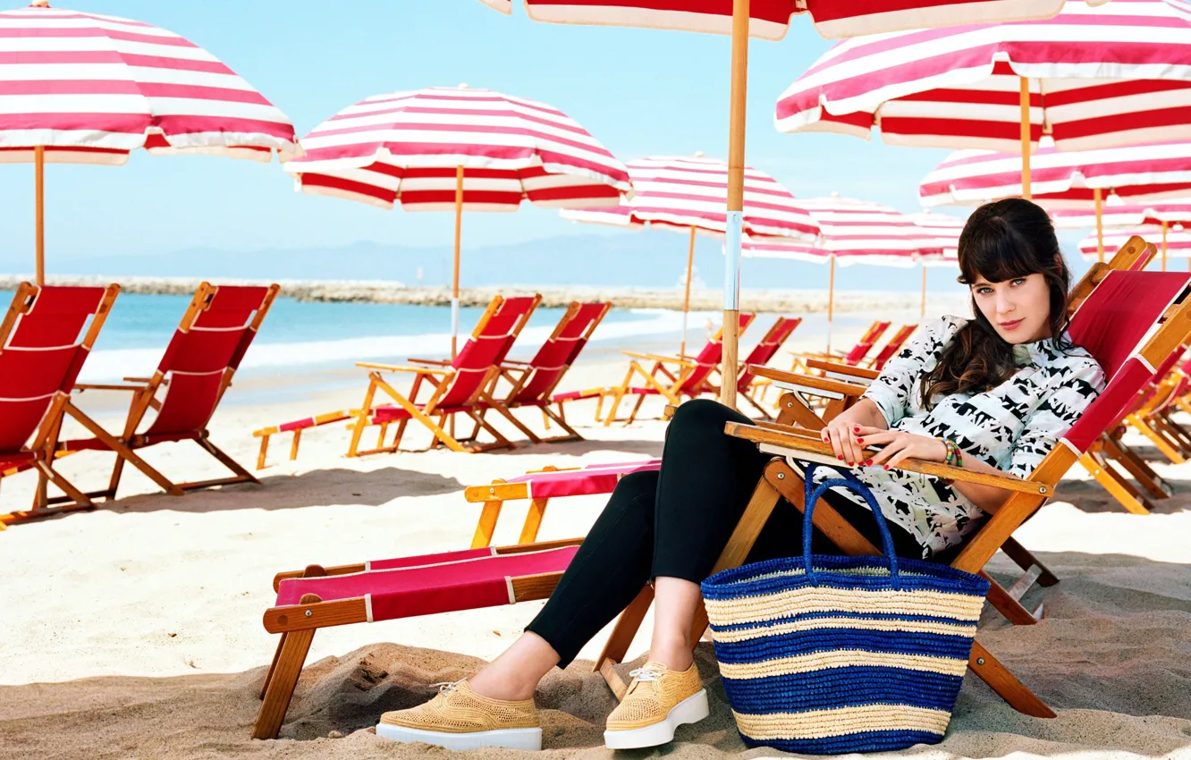 Photo wallpaper sand, sea, beach, the sun, umbrella, actress, bag, photoshoot