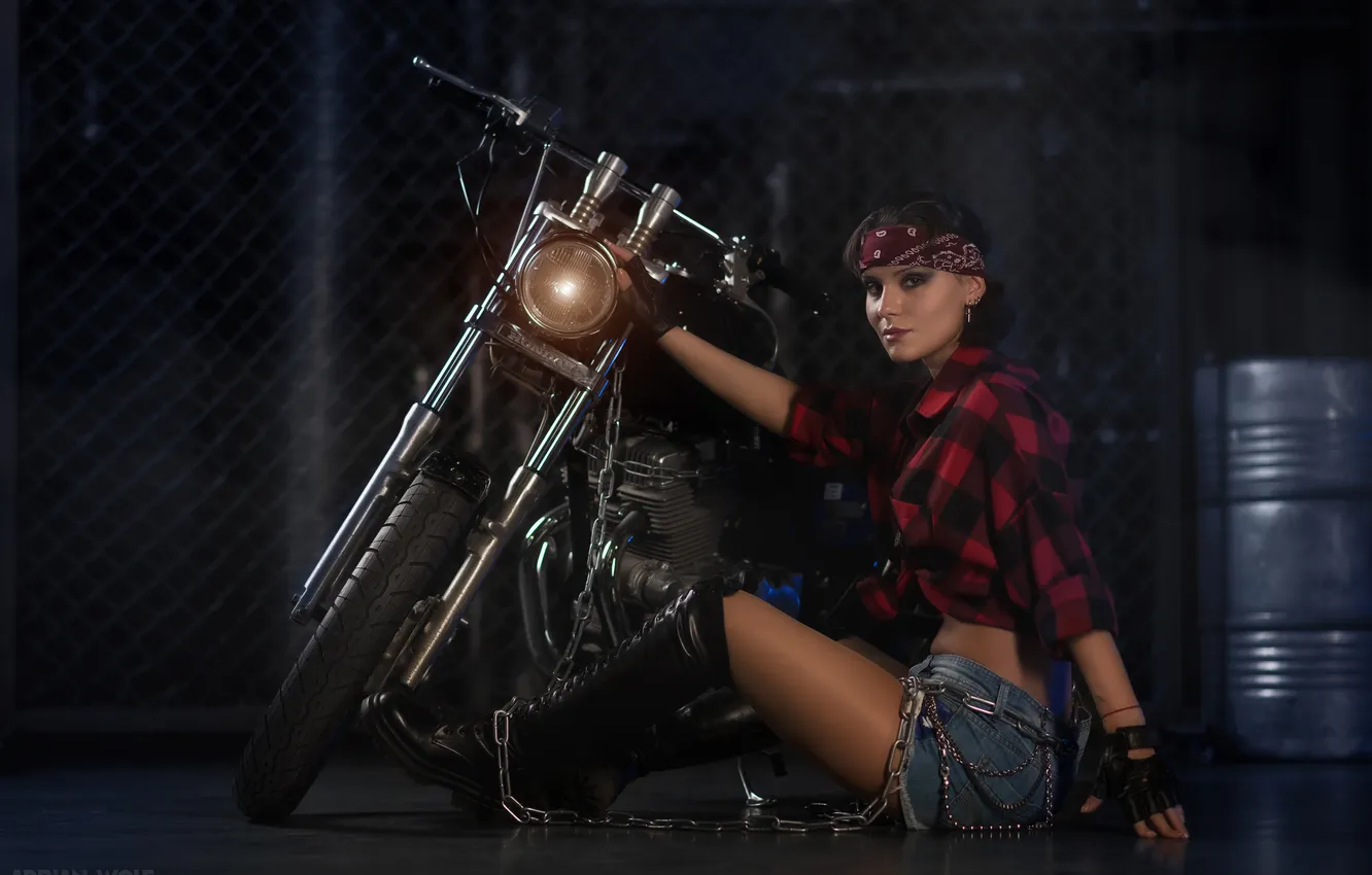 Photo wallpaper girl, pose, feet, shorts, boots, brunette, chain, motorcycle