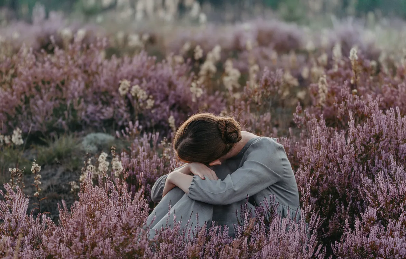 Photo wallpaper field, girl, flowers, Anita Austvika