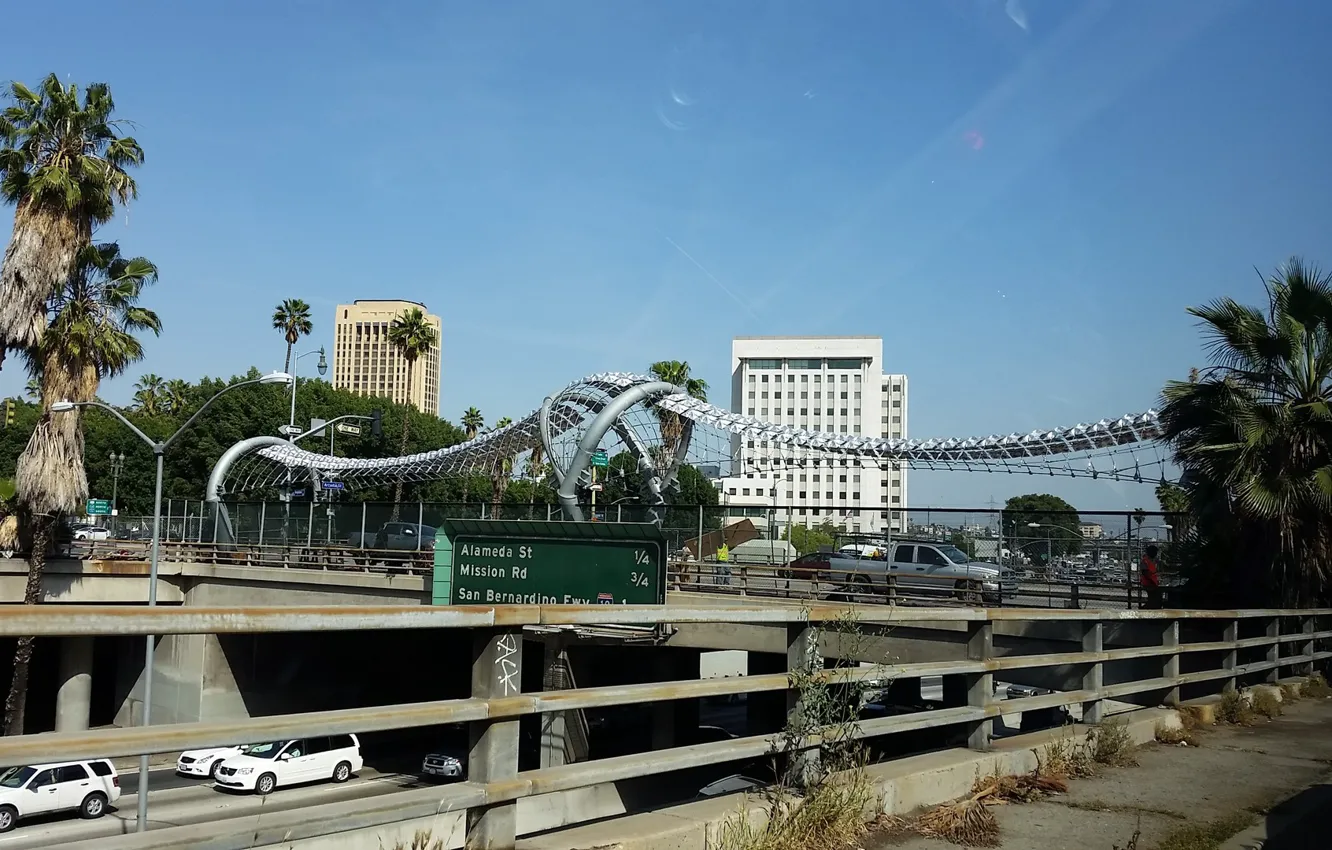 Photo wallpaper bridge, palm trees, building, car, apocalypse