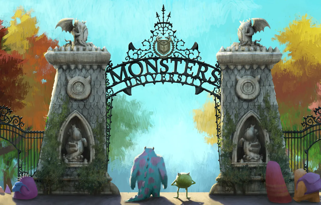 Photo wallpaper monsters, party, Academy of monsters, Mike Wazowski, Sulley, Monsters University