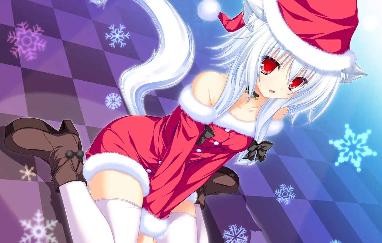 Photo wallpaper girl, snowflakes, holiday, new year, anime, pussy, maiden, ears