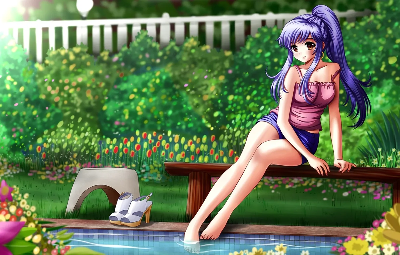 Photo wallpaper summer, water, girl, flowers, bench, Park, the fence, shoes