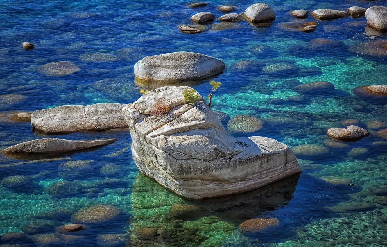 Photo wallpaper nature, lake, stones, rocks, Lake Tahoe, Bonsai Rock