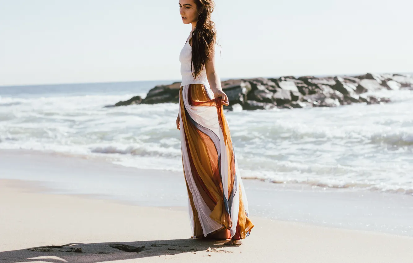 Photo wallpaper sand, beach, skirt, brunette