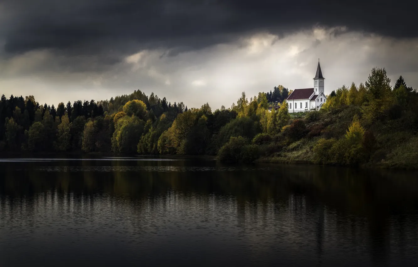 Photo wallpaper trees, lake, reflection, storm, mirror, Church, gray clouds