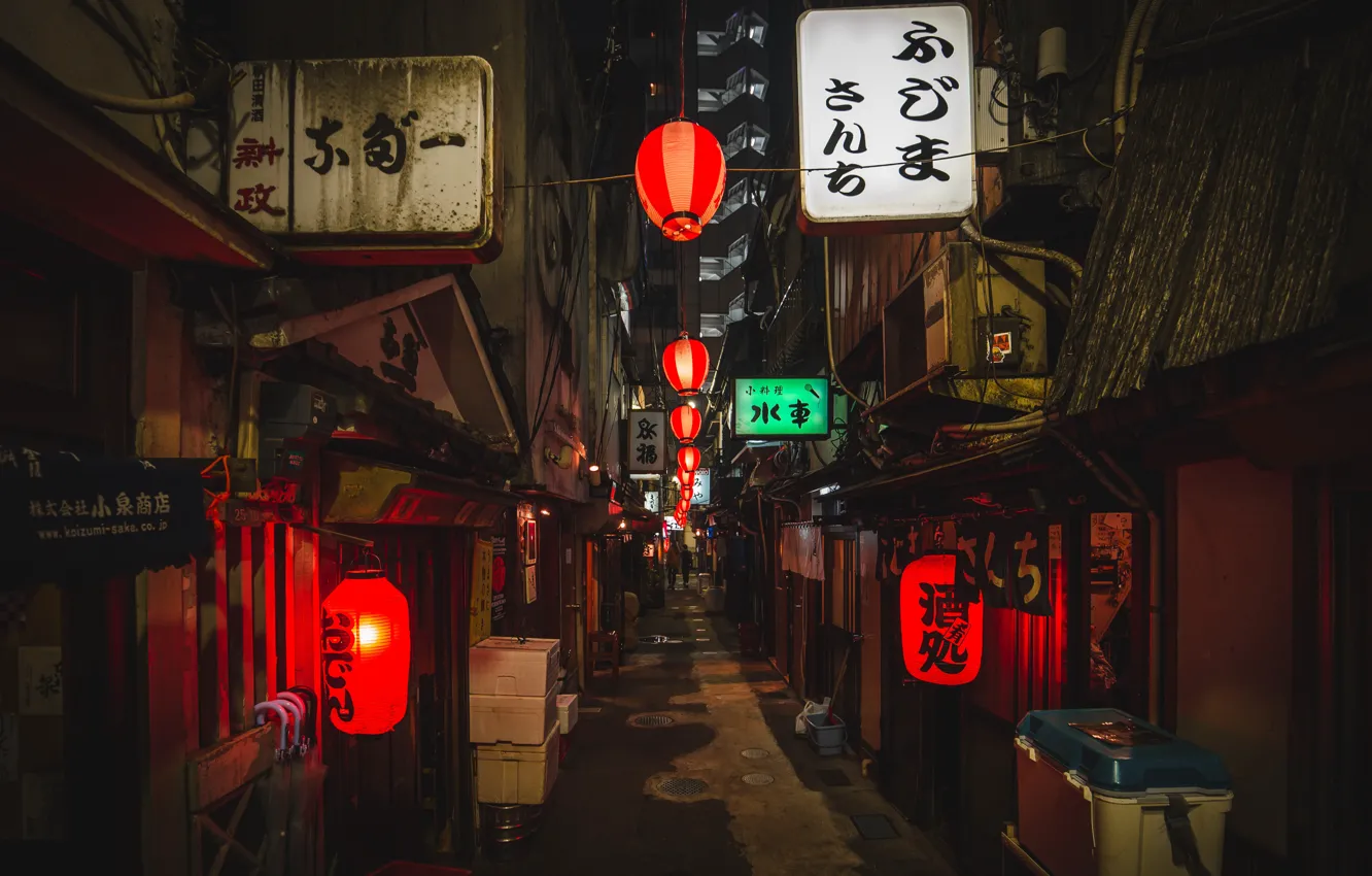 Photo wallpaper city, Japan, night, city lights, street, houses, lamps, Denys Nevozhai