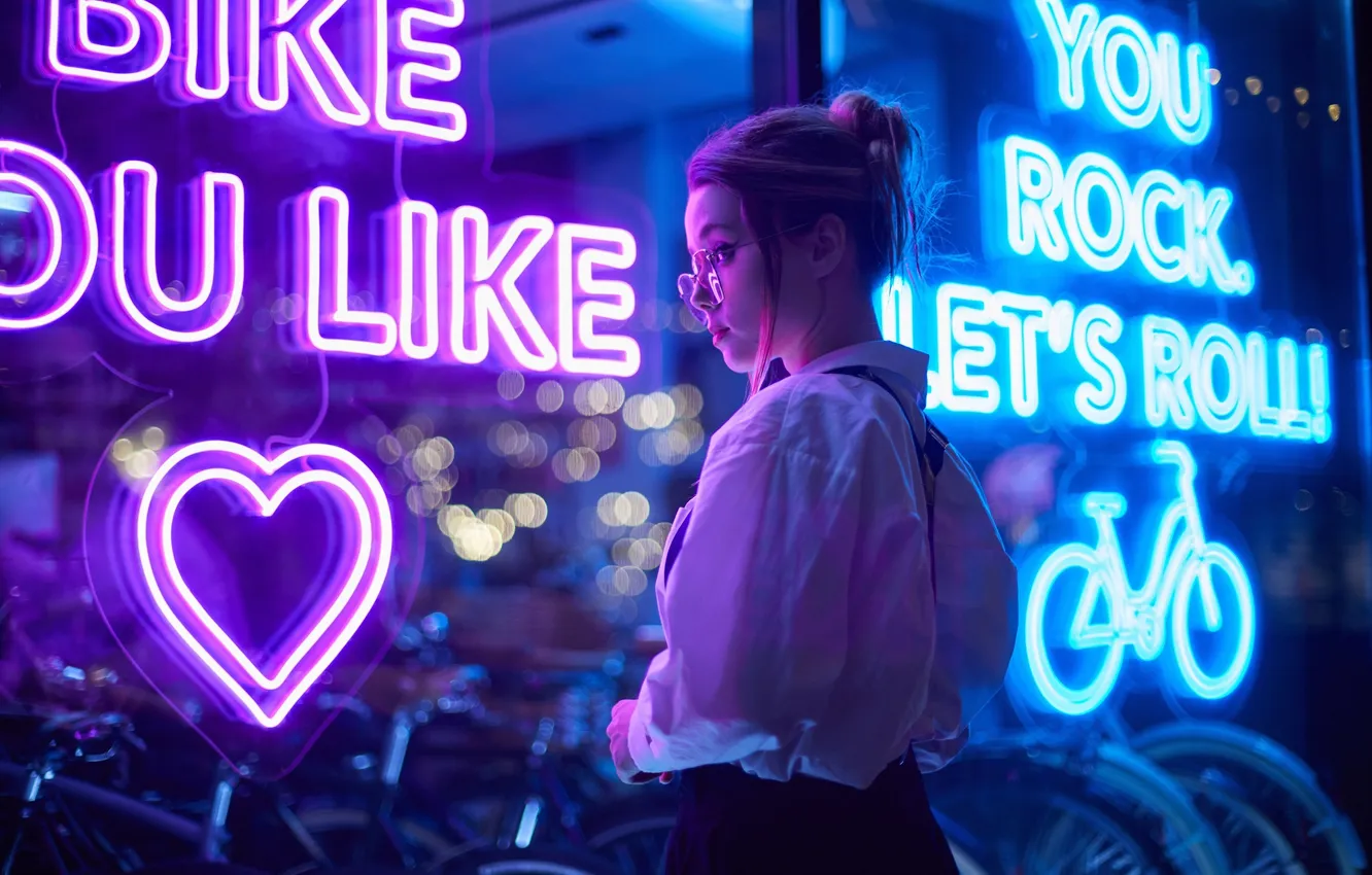 Photo wallpaper girl, the city, the inscription, neon, glasses, shirt, sign, showcase