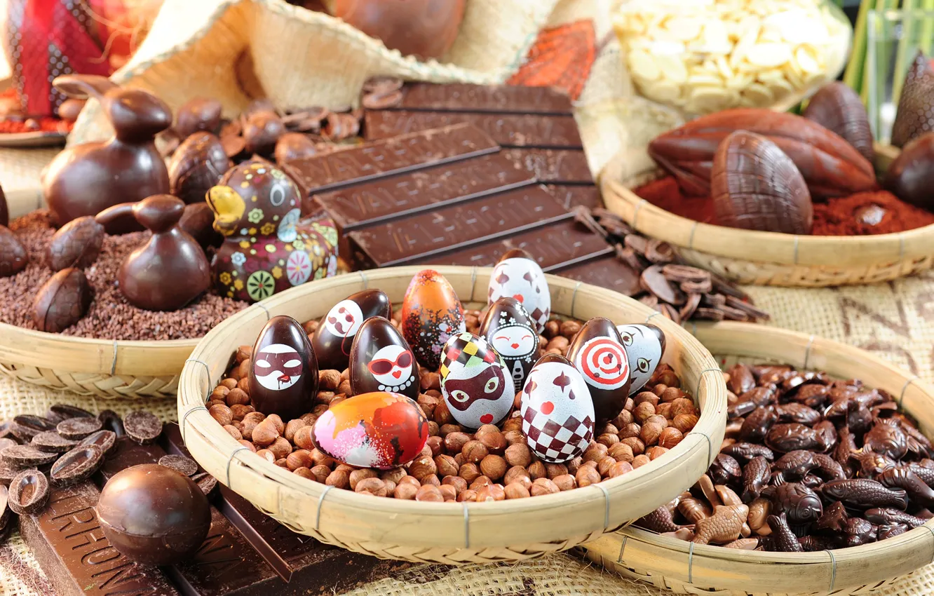 Photo wallpaper chocolate, eggs, candy, Easter, nuts, chocolate, easter, sweets