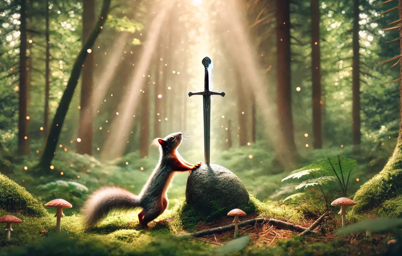 Photo wallpaper sword, forest, magic, wood, stones, squirrel, fictional, AI Art