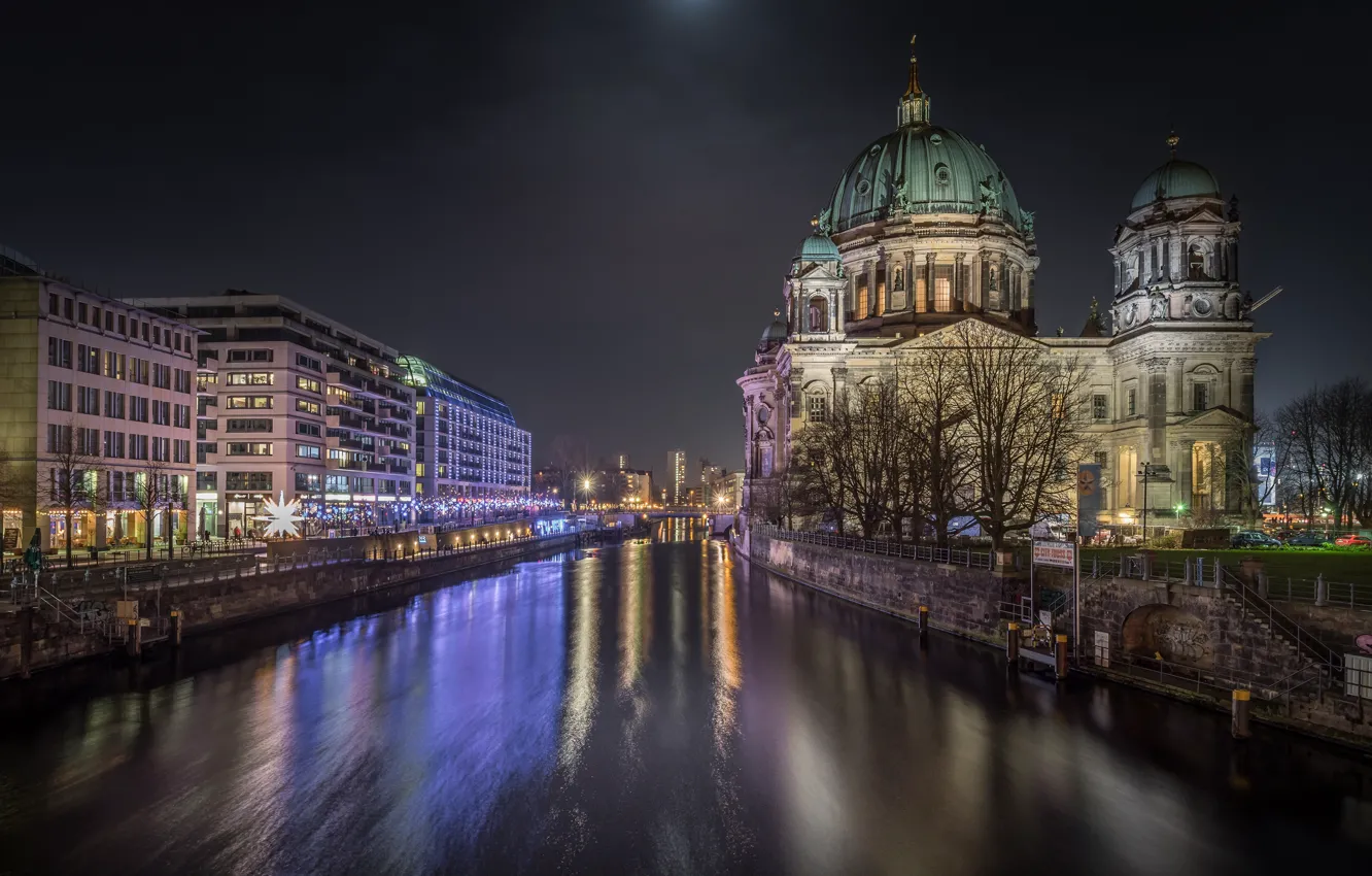 Photo wallpaper night, the city, lights, river, building, Germany, Berlin