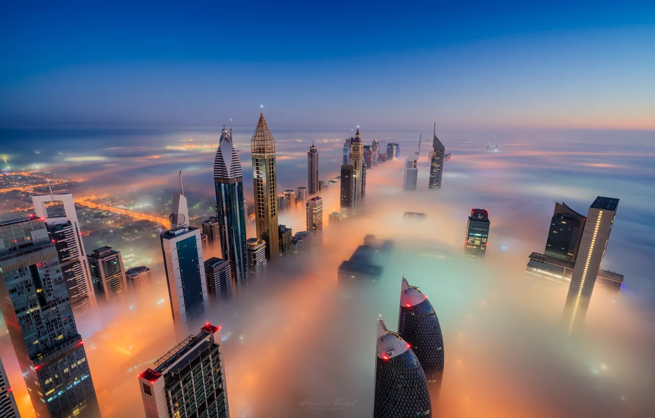 Photo wallpaper night, the city, lights, fog, Dubai, UAE