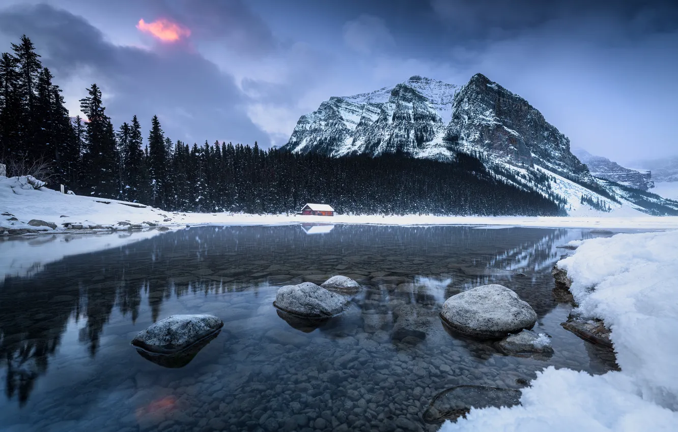 Photo wallpaper winter, forest, mountains, lake, house