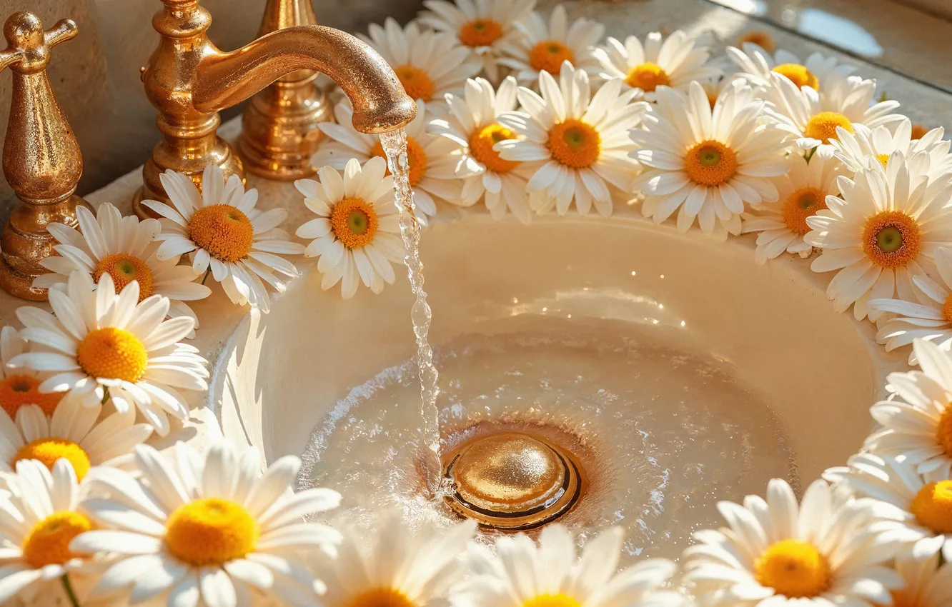 Photo wallpaper summer, water, light, flowers, chamomile, crane, morning, sink